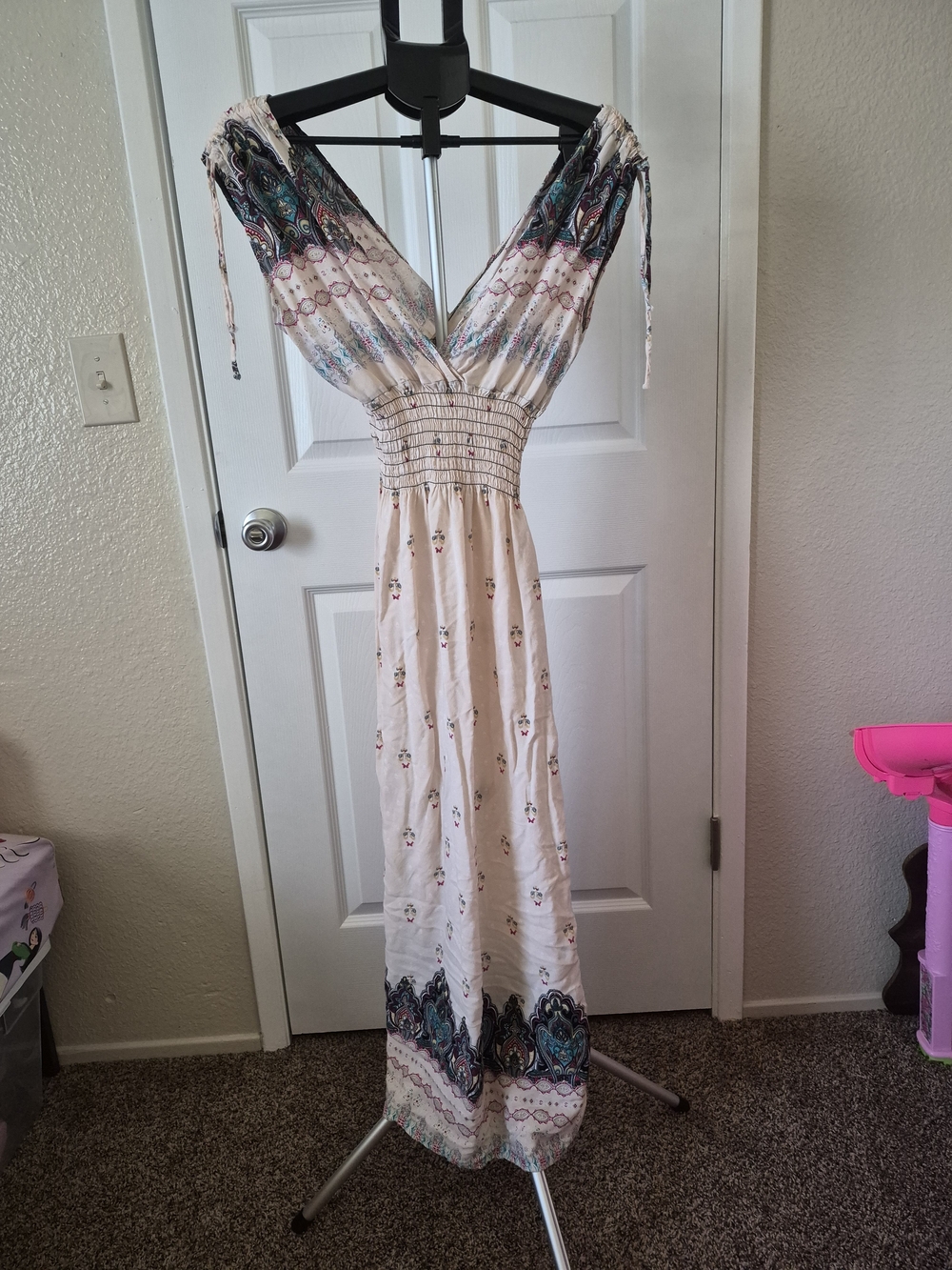 Boho V-Neck Maxi Dress in Cream with Teal Accents
